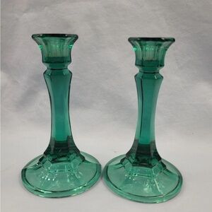 Indiana Glass Evergreen Faceted Glass Candlesticks - Pair